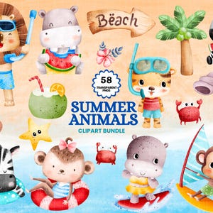 Safari Aquarell Sommer Tier Vibe Clip Art Giraffe Seestern Strandball Eis am Stiel Dschungel Pool Party Clipart Grafiken Kinderzimmer Dekoration PNG