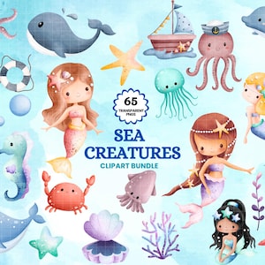 Sirene Meerjungfrau Unterwasser Qualle Oktopus Fische Süß Krabbe Delfin Wal Magische Meerestiere Unterwasser Clipart Fisch Clip Art PNG Digital