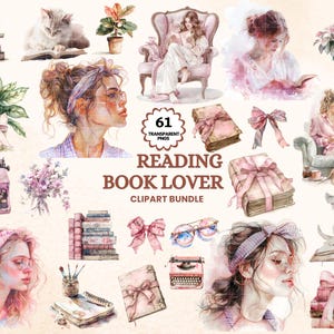 Booklover Girl l Love Books Clipart lecteurs coin lecture Floral livre Bundle étude Clip Art rat de bibliothèque autocollants bibliothèque Booklife Planner PNG