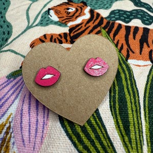 Sparkly Kissy Lips Earring. Cute Valentine Gift. Wood Jewelry. Handmade. Kiss Lips Stud Earring. Lipstick Valentine&#39;s Day Earrings.