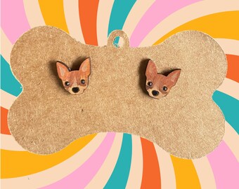 Pendientes de Chihuahua: Pernos de madera con forma de cachorro, postes hipoalergénicos