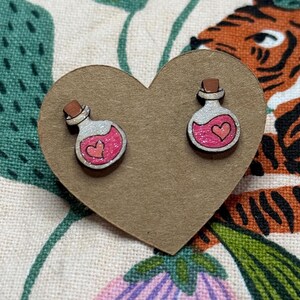 Pink Love Potion Bottle Earrings. Valentines Day Gift. Cute Witchy Gift. Wood Jewelry. Handmade. Hypoallergenic. Girlfriend Wife Present