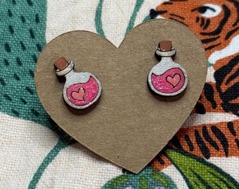 Pink Love Potion Earrings: Handmade Wood Witchy Jewelry