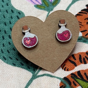 Fuchsia Love Potion Bottle Earrings. Valentines Day Gift. Cute Witchy Gift. Wood Jewelry. Handmade. Hypoallergenic. Girlfriend Wife Present
