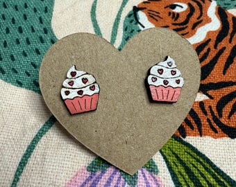 Heart Sprinkles Cupcake Earrings: Handmade Wood Jewelry