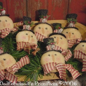 Könnte beinhalten: Eine Sammlung handgefertigter Schneemann-Ornamente. Jeder Schneemann hat ein cremefarbenes Gesicht mit aufgestickten Augen und einem rosigen Rouge. Sie tragen schwarze Zylinder und rot-weiß gestreifte Schals. Die Ornamente sind auf einem Bett aus Grün angeordnet.