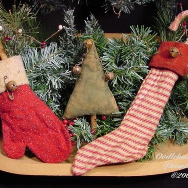 Primitive Christmas Tree, Stocking, Mittens Instant Digital Download E-Pattern  ET