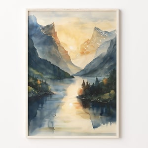Pintura de acuarela, póster de los fiordos, arte mural de Noruega, impresión de los fiordos, póster de viaje de Noruega, arte mural de acuarela, C30-25