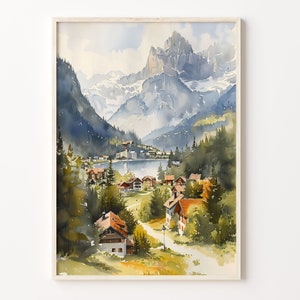 グリンデルワルドの水彩画、スイスの壁画、グリンデルワルドのポスター、旅行プリント、グリンデルワルドのアートワーク、C30-429