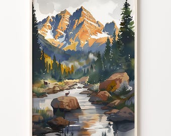 Rocky Mountains Watercolor Painting: Colorado National Park Art