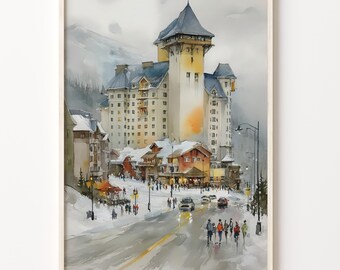 Watercolor Art Print of Ruka Finland, Snowy Ski Resort Art Deco Poster