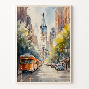 Acuarela de Filadelfia, arte mural de Filadelfia, póster de EE. UU., impresión de viaje, regalo de boda, texto personalizado, C30-413