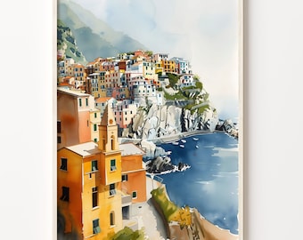 Cinque Terre Watercolor Print: Italy Coastal Village Art
