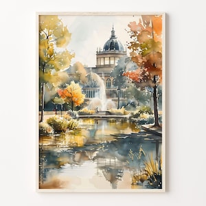 Pintura de acuarela de Madrid, Arte mural del Palacio de Cristal, Cartel de viaje de España, Impresión de Europa, Regalo de inauguración de la casa, C30-397