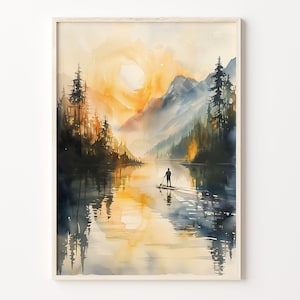 Watercolor Paddle Boarding Art Print: Outdoor Adventure Wall Decor