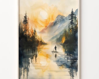Watercolor Paddle Boarding Art Print: Outdoor Adventure Wall Decor