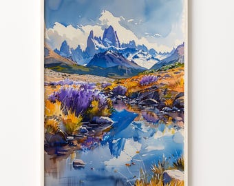 Torres del Paine Watercolor Painting: Patagonia Travel Poster