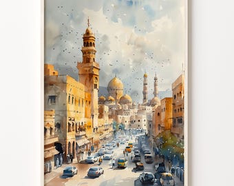 Baghdad Iraq Watercolor Painting: Middle East Wall Art Print