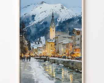 Swiss Travel Poster of Davos, Switzerland, Watercolor Winter Village Print in Art Deco Style