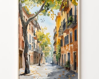 Barcelona Street Scene Watercolor Art Print: Spain Travel Poster