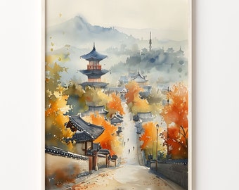 Retro Seoul Watercolor Painting: Vintage Korea Travel Art