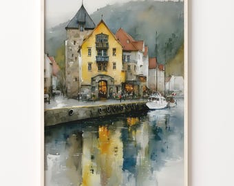 Watercolor Travel Poster of Flekkefjord, Norway, Art Deco Harbor Wall Art Print