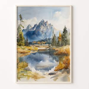 Grand Teton Aquarell, National Park Wandkunst, Reiseposter, Grand Teton Druck, Natur Wanddekor, C30-127
