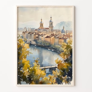 リヨンの水彩画、フランス旅行ポスター、リヨンの壁アート、フランスのプリント、水彩画ポスター、C30-938
