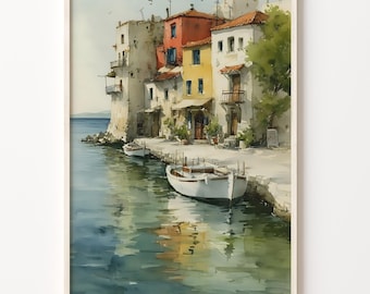 Art Deco Print of Paxos Greece, Coastal Watercolor Poster on 200 Gsm Matte Paper