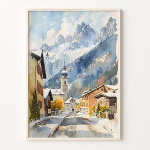 Pintura de acuarela de esquí de Chamonix, póster de viaje a Francia, impresión de arte de pared, decoración del hogar, regalos de viaje de invierno, C30-311