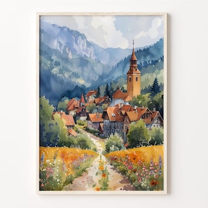 Acuarela de Transilvania, arte mural de Transilvania, lámina de Rumania, póster de pueblo, decoración del hogar, C30-527