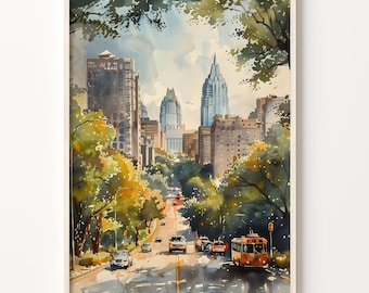 May include: A watercolor painting of a city street scene with tall buildings and lush green trees. The street is lined with cars and a bus. The buildings are painted in shades of brown and gray, while the trees are a vibrant green. The sky is a light blue with white clouds.