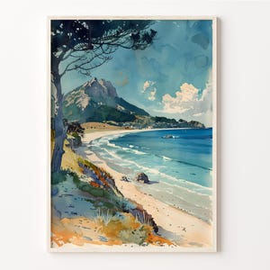 Pintura de acuarela del monte Maunganui, arte mural de Nueva Zelanda, póster del monte Maunganui, impresión de viaje, regalo de boda, C30-517