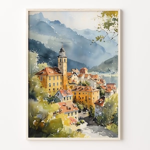 Acuarela, arte mural de Alsacia, póster de paisaje urbano, regalo para amantes de los viajes, decoración de pared de Alsacia, Francia, lámina artística, C30-495