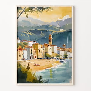 Saint Jean Luz Watercolor Painting, Basque Country Poster, Travel Wall Art, City Skyline, Housewarming Gift, Wall Decor, C30-975