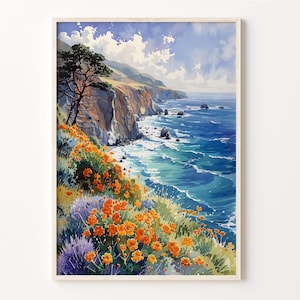 Acuarela de Big Sur, arte mural de parque nacional, póster de Big Sur, impresión de viaje, regalo de cumpleaños, regalo de boda, C30-600