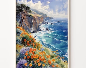 Big Sur Watercolor Painting: California Coast, National Park Art