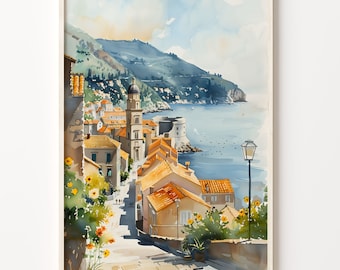 Dubrovnik Croatia Watercolor Art Print: Coastal Cityscape Home Decor