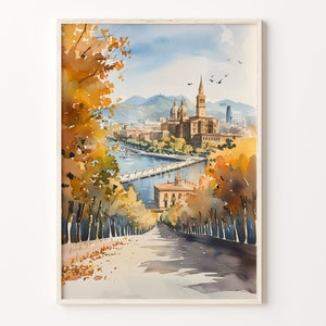 Barcelona Watercolor Painting, Travel Poster, Wall Art, Birthday Present, Wedding Anniversary Gift, C30-155