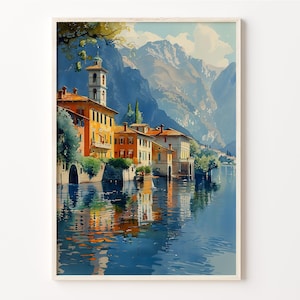Comer See Aquarell Malerei, Italien Reisedruck, Comer See Poster, Wandkunst, Comer See Illustration, Italien Kunst, C30-727