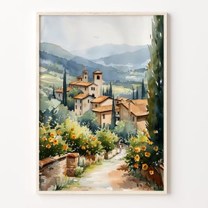 トスカーナの水彩画、イタリアの壁画、トスカーナのポスター、イタリアの水彩画プリント、トスカーナの旅行アート、C30-448
