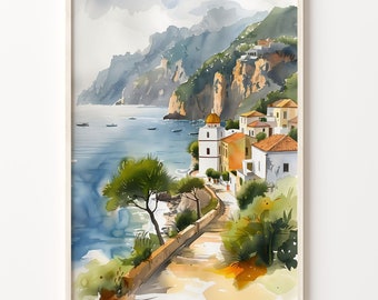 Capri Italy Watercolor Painting Print: Coastal Travel Poster