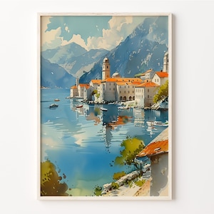 コトル水彩画、コトルポスター、モンテネグロ壁アート、旅行プリント、新築祝いギフト、コトル絵画、C30-606