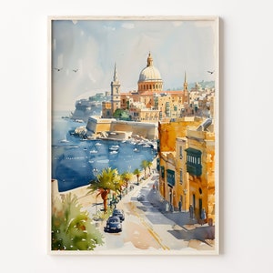 Dipinto ad acquerello di Valletta Malta, Arte murale di Valletta Malta, Stampa di poster di viaggio, Decorazione per la casa di Valletta Malta, C30-319