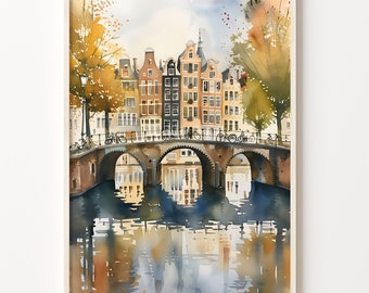 Amsterdam Skyline Watercolor Print: Vintage Netherlands Travel Poster