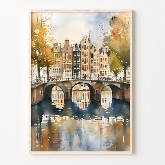Amsterdam Skyline Watercolor Print: Vintage Netherlands Travel Poster