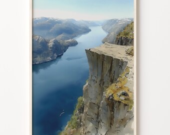 Preikestolen Norway Art Print, Watercolor Fjord Landscape on 200 gsm Matte Paper