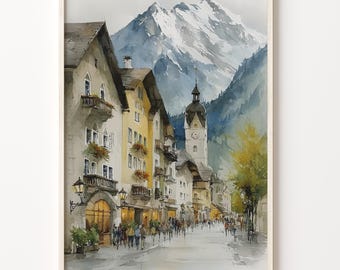 Watercolor Print of Mayrhofen, Austria, Alpine Village Street on 200 GSM Matte Paper