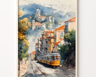 May include: Watercolor print of a European city scene featuring a yellow tram traveling down a street lined with buildings. The buildings have orange rooftops and are set against a backdrop of a church and a blue, hazy sky. The artwork is framed.