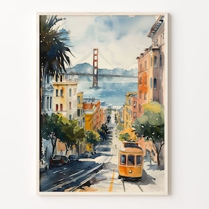 サンフランシスコの水彩画、ゴールデン ゲート ブリッジのポスター、カリフォルニアの壁アート、旅行プリント、レトロな壁アート、C30-101